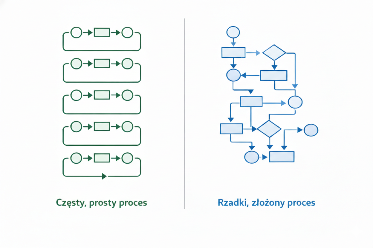 Porównanie: częsty, prosty proces kontra rzadki, złożony proces