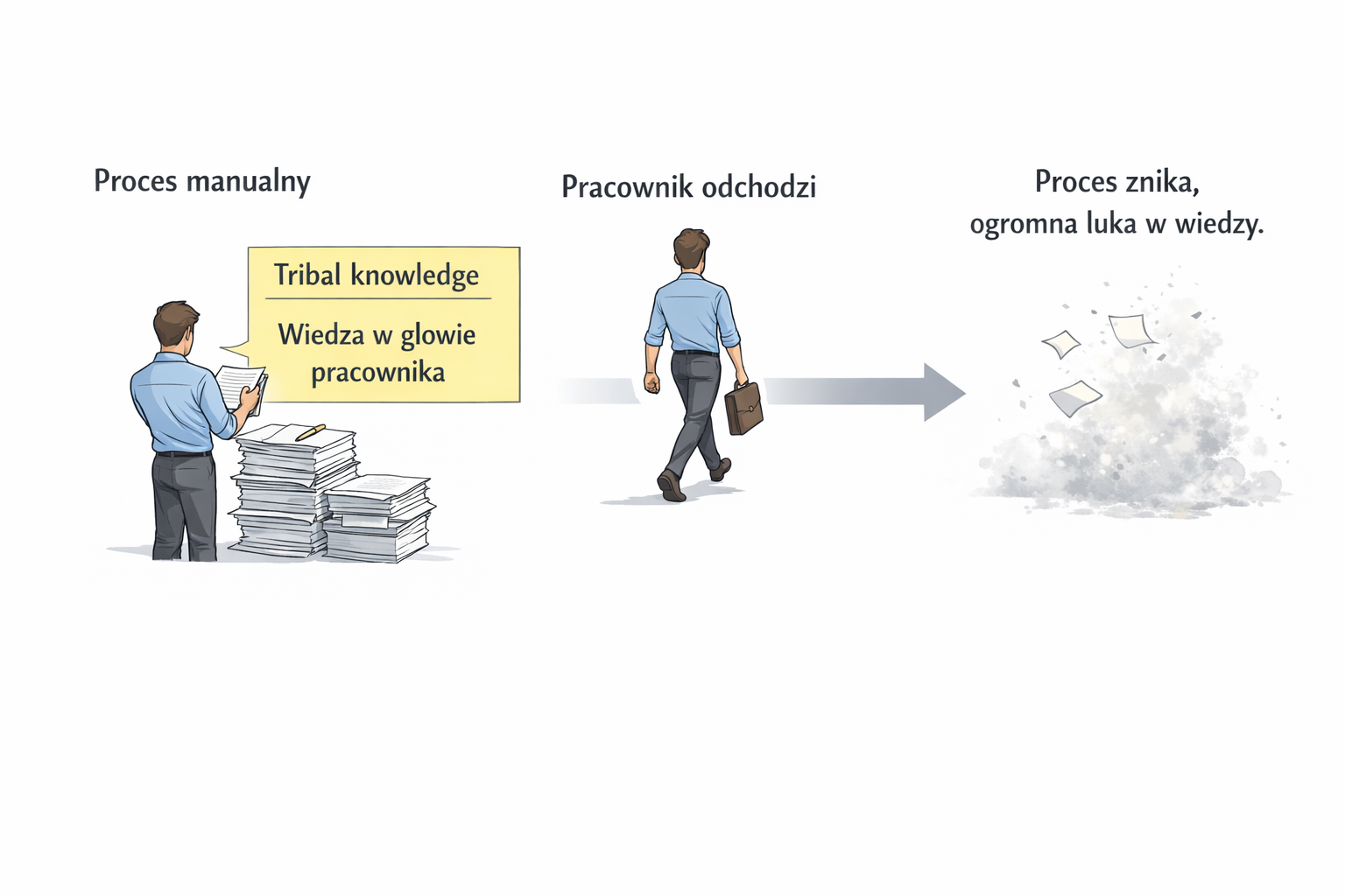 Ilustracja pokazująca ręczny proces zależny od jednej osoby i wiedzy nieudokumentowanej